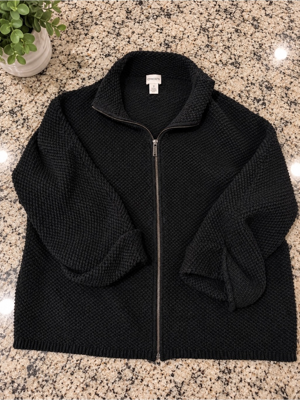 Chico's Black Textured Knit Zip-Up Sweater Jacket